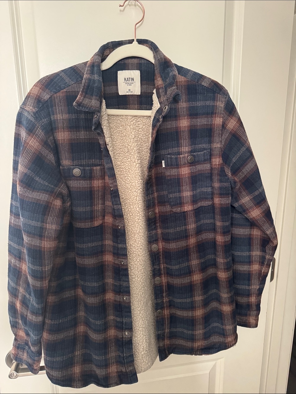 Katin Navy and Brown Plaid Sherpa-Lined Button-Down Shirt Jacket
